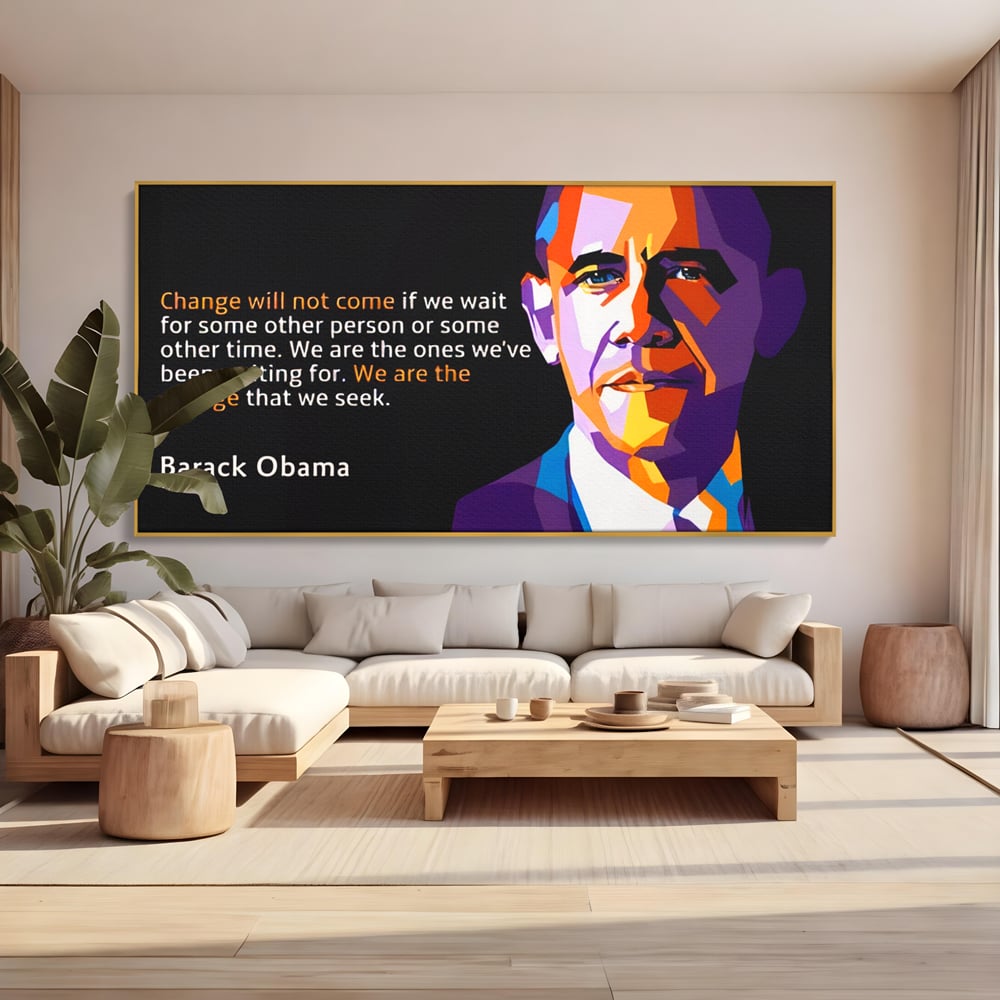 Tablou canvas cu tablou canvas cu portretul stilizat al lui barack obama, in rama de aluminiu auriu, pe perete intr-un living